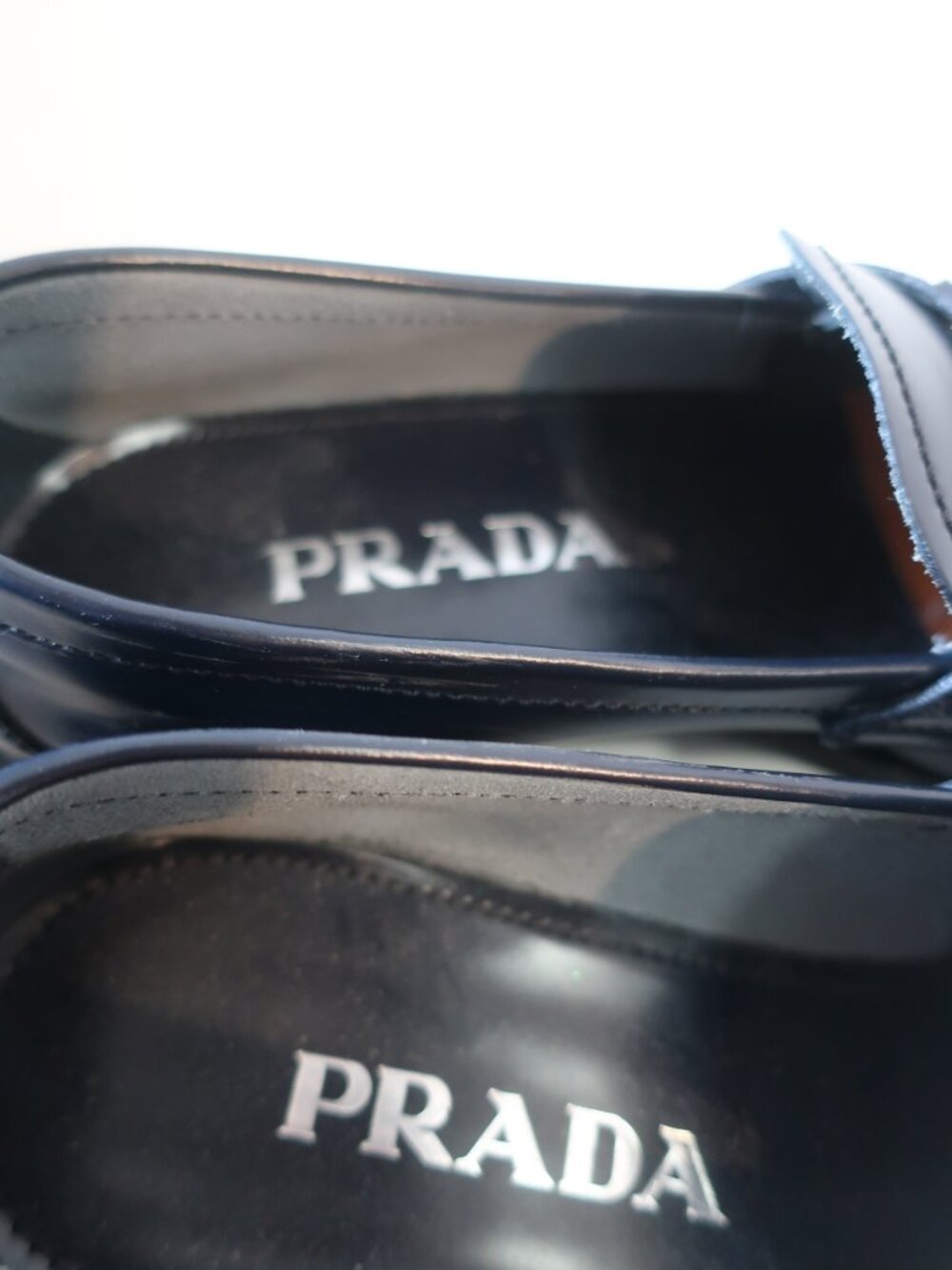 Authentic Womens Prada Dark Navy Blue Brushed Leather Logo Loafers 35.5 US/5.5 - Picture 7 of 16